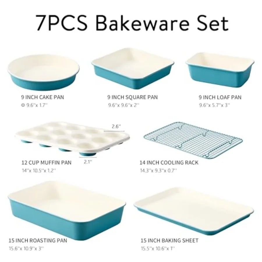 7-Piece Ceramic Baking Pans Set, Aluminized Steel Bakeware Sets, Toxin-Free Nonstick Stackable Oven Pans with Cookie Sheet, Muf