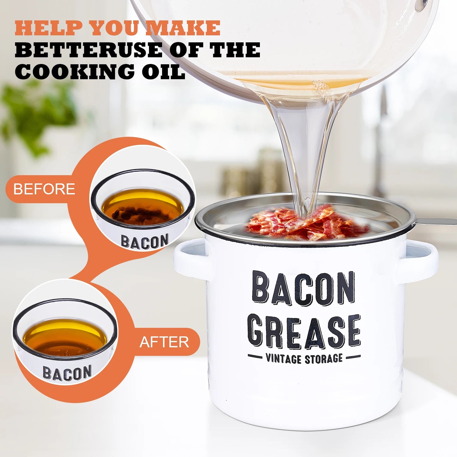 Bacon Grease Container with Strainer - Large 46OZ Red Kitchen Oil Storage Can, Food Saver Bin with Lid | Farmhouse Pot White