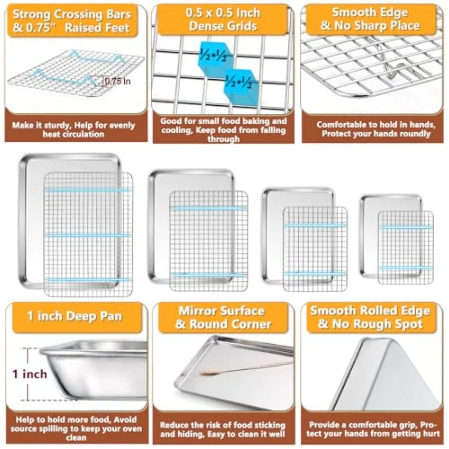 16 + 12.5 + 10.4 + 9 Inch Baking Sheet and Rack Set 8Pcs Stainless Steel Cookie Sheets Oven Baking Trays Cooling Racks for Cook