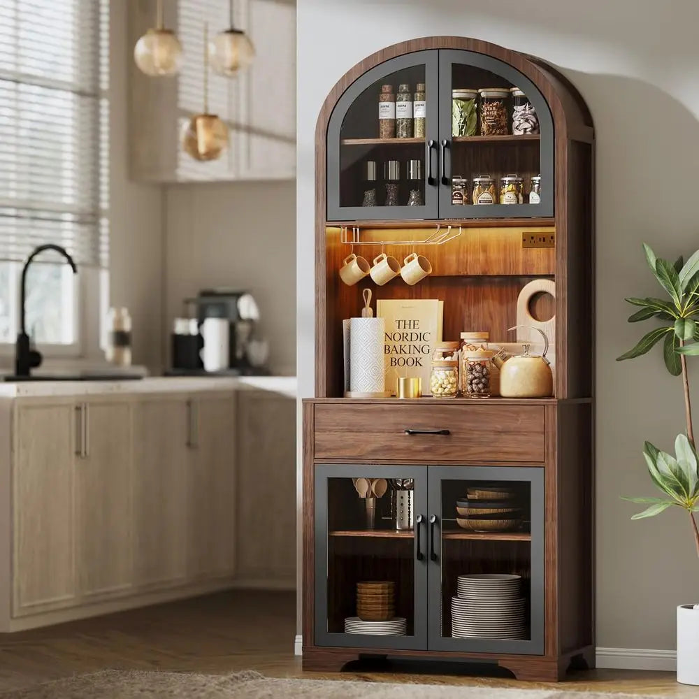 75 Tall Arched Pantry Cabinet with Charging Station, LED Light, and Adjustable Shelves for Kitchen, Coffee Bar, or Dining Room