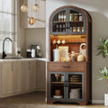 75 Tall Arched Pantry Cabinet with Charging Station, LED Light, and Adjustable Shelves for Kitchen, Coffee Bar, or Dining Room