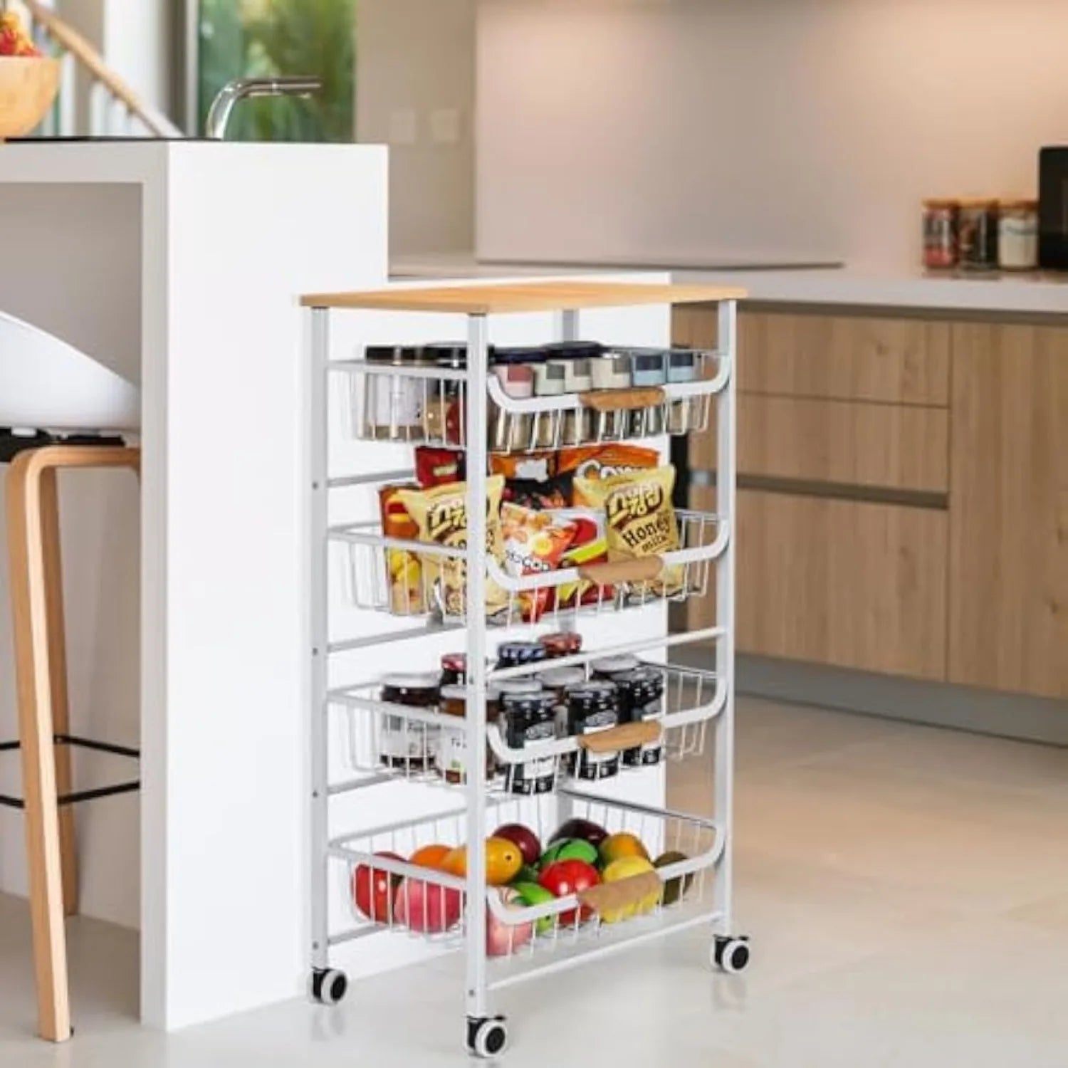 5-Tier Metal Rolling Cart with Wheels - Multi-Purpose Storage for Kitchen/Bathroom/Living Room/Office, White