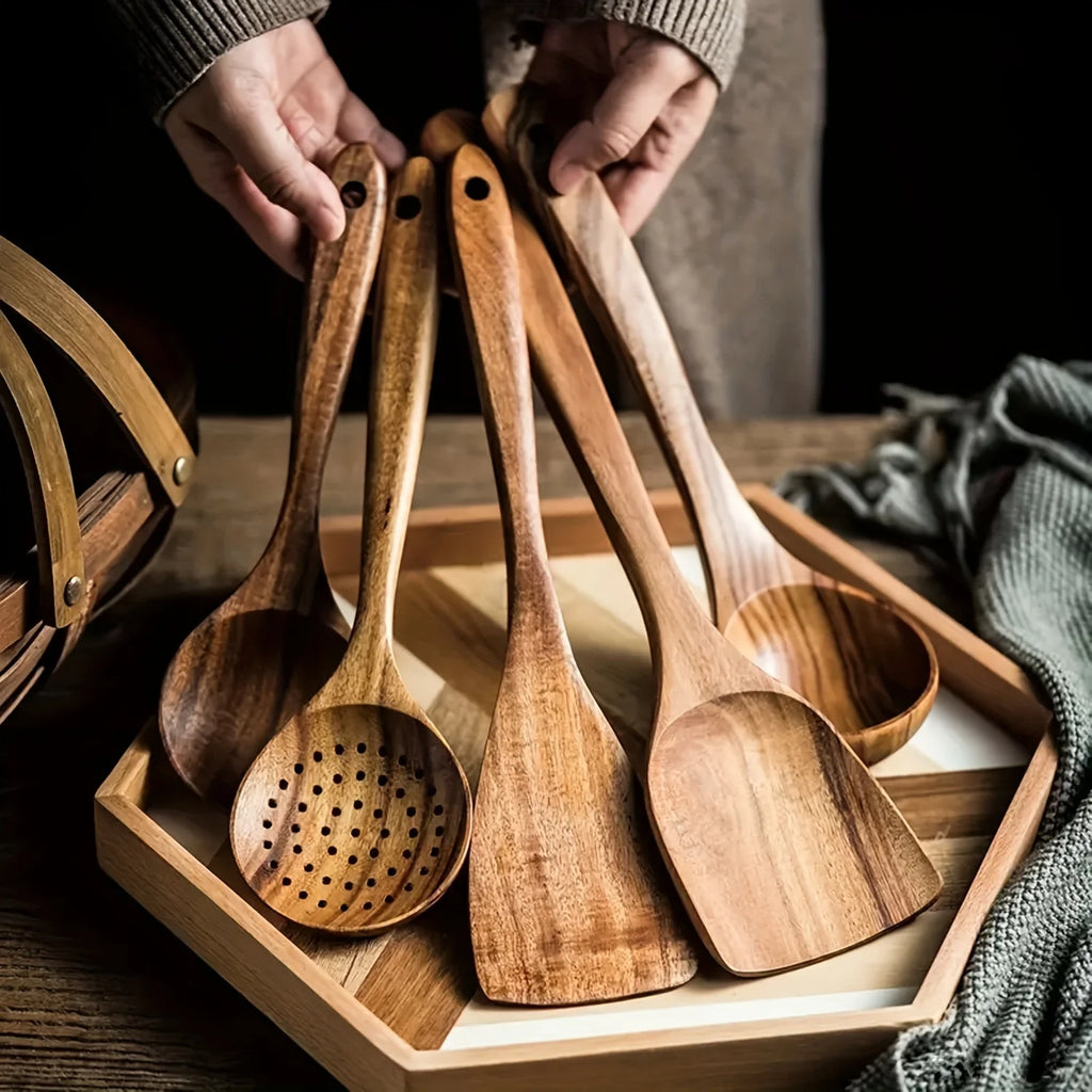 Bohemian Style 5 Pcs Wooden Kitchen Tool Set - Osier Pattern Spoon & Ladle Non-Stick Cookware Safe