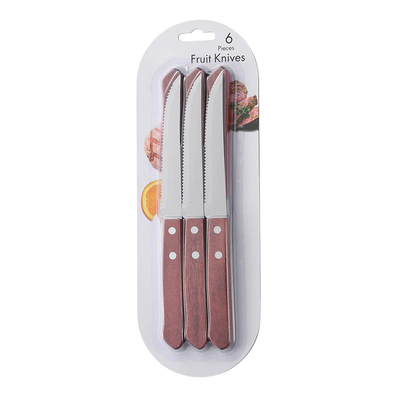 1-6 Pcs Stainless Steel Steak Knife Wooden Handle Dinner Sharp Steak Knife Knives Set Restaurant Table Knives Dinnerware Set