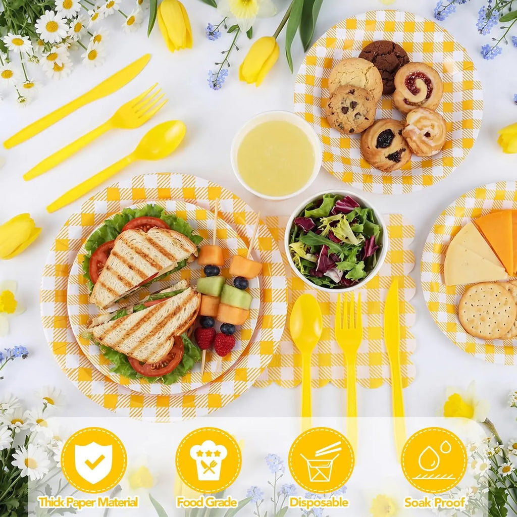 175 Pc Yellow Gingham Party Set: Plates, Napkins, Cups & Cutlery for Easter, Picnic, Baby Shower