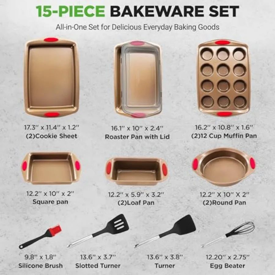 15-Piece Nonstick Bakeware Set w/ Baking Utensils Premium Oven Safe Baking Pans with Silicone Handles Easy Clean Dishwasher Saf