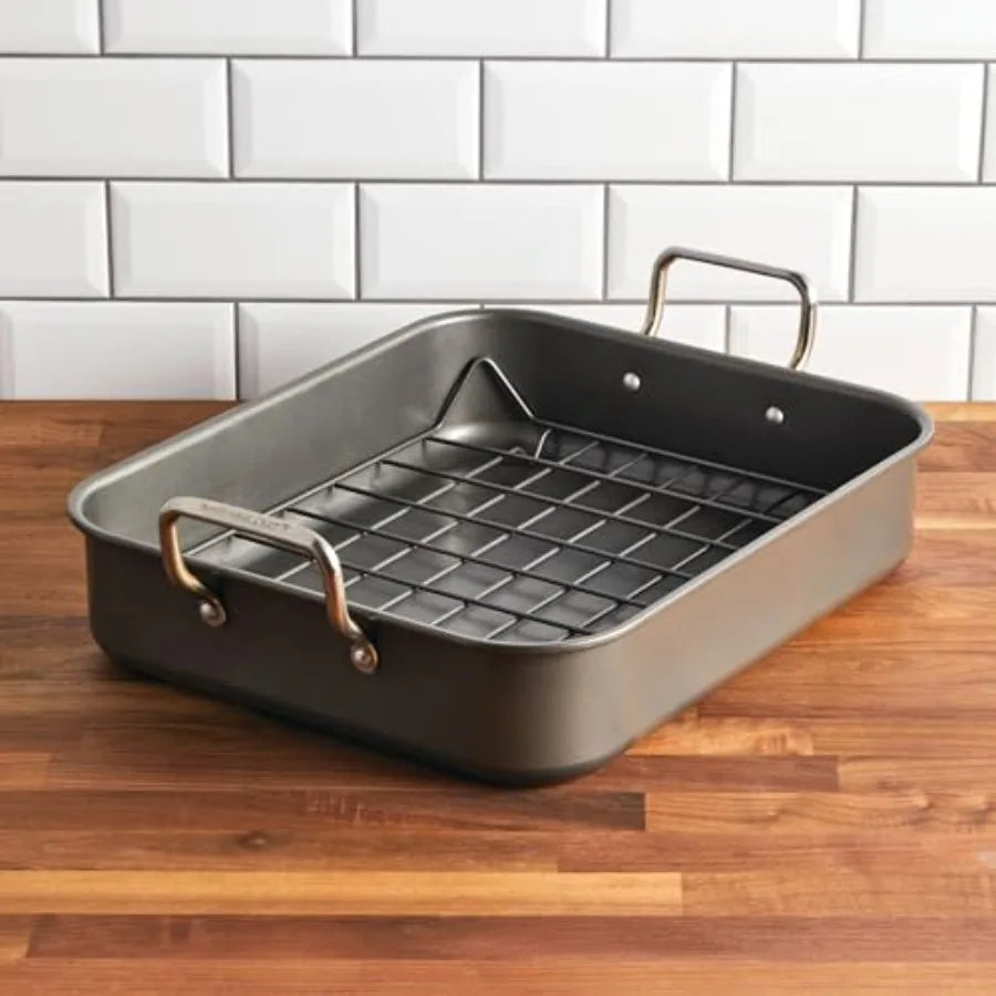 Bakeware Nonstick Roaster/Roasting Pan with Reversible Rack 16.5 Inch x 13.5 Inch Gray