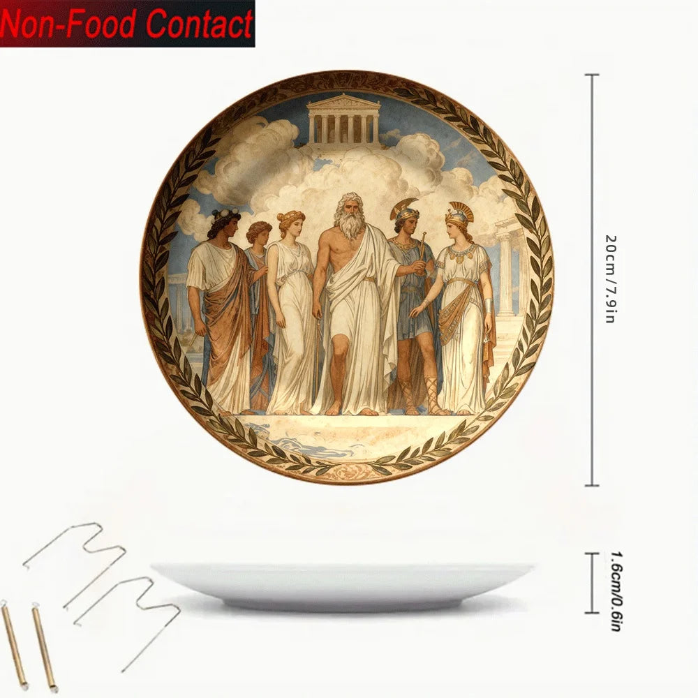 1pc Greek Mythology Ceramic Decorative Plate - Non-Food Contact, Classic Round Tabletop Art with Zeus, Athena, Poseidon, Hera,