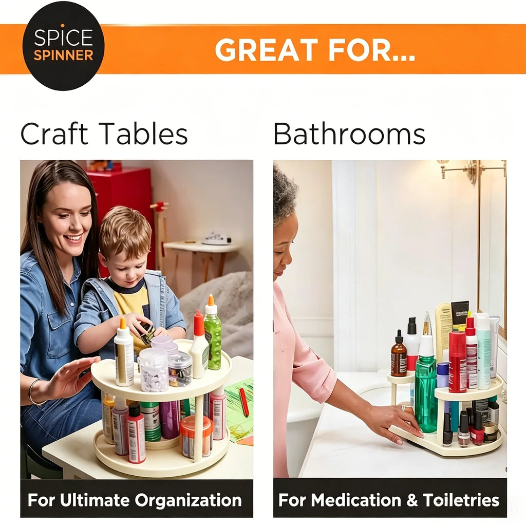 Kitchen Spice Rack White 2-Tier 360° Rotating Adjustable Height Lazy Susan Cabinet Organizer