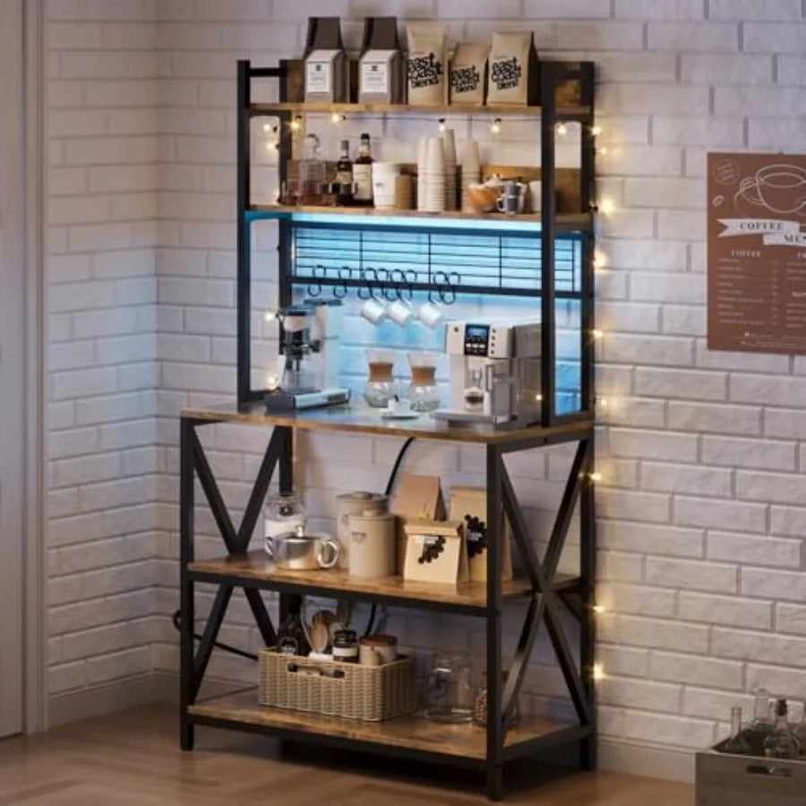 Kitchen bakers rack for coffee bar use, rustic brown metal and wood, 5-tier with power outlet, LED lights, 8 S-hooks, 64-inch t