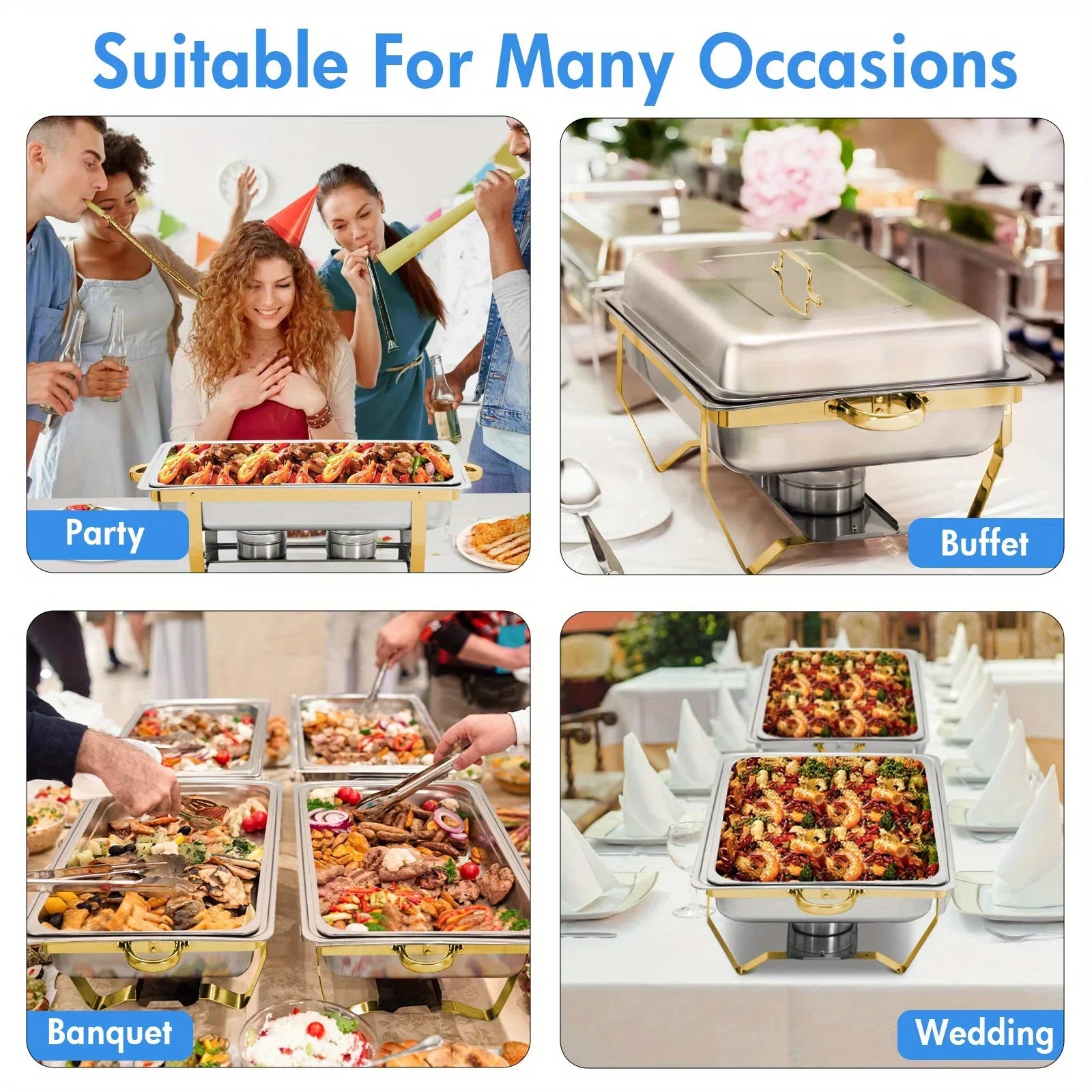 4 Pack 8QT Chafing Dish Buffet Set Stainless Steel Food Warmer Chafer Complete  Chafing Fuel Holder for Party Catering,