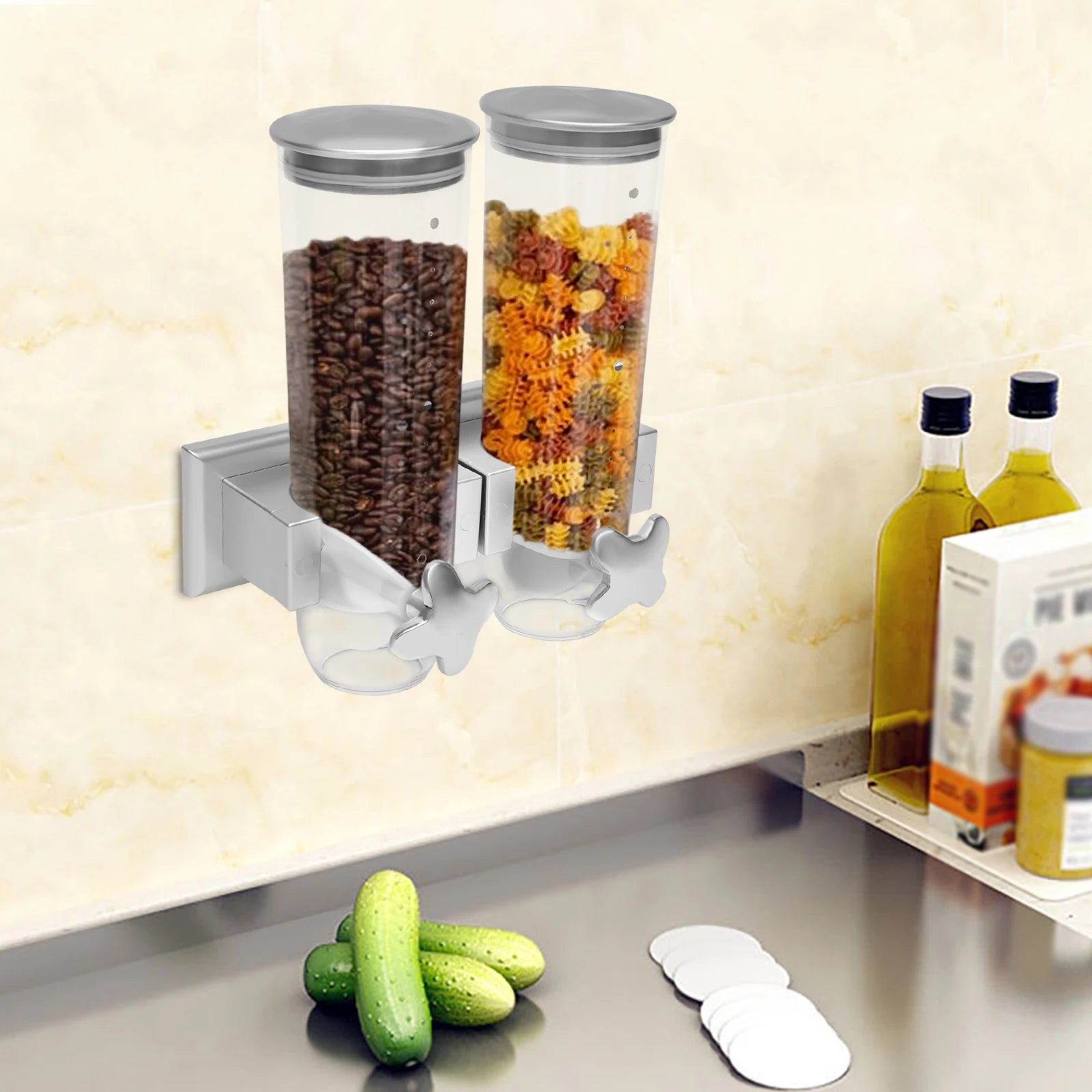 Wall Mount Food Dispenser 3L Dual-Bucket Dry Food Storage Portion Control for Rice Grains Space-Saving Kitchen Organizer