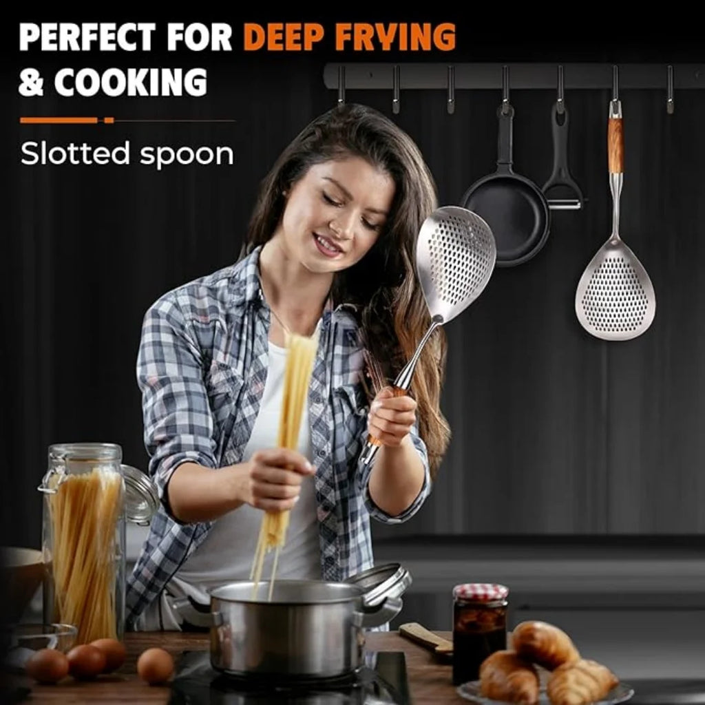 Premium Stainless Steel Skimmer Spoon - Large Size, Wooden Handle, Non-Slip Grip for Pasta, Dumplings & Kitchen Frying