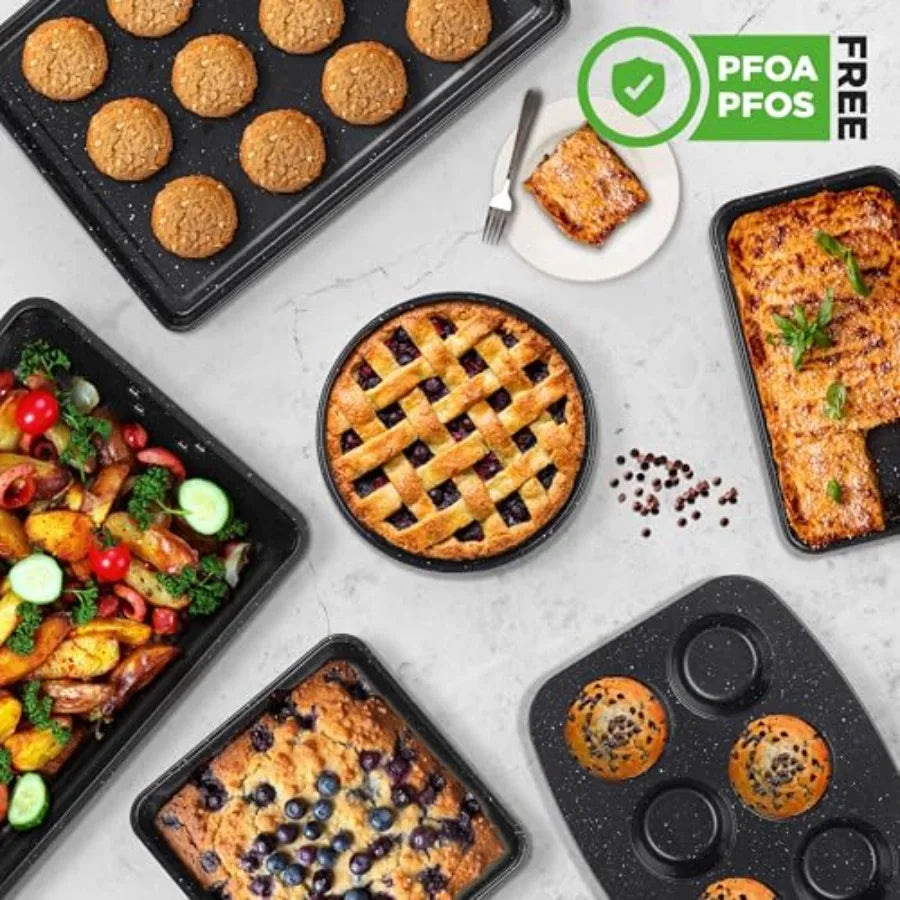 8-Piece Stackable Bakeware Set - Carbon Steel Non-Stick Baking Pan Set, Sheet, Muffin, Round, Loaf, Square Cake and Deep Pans,