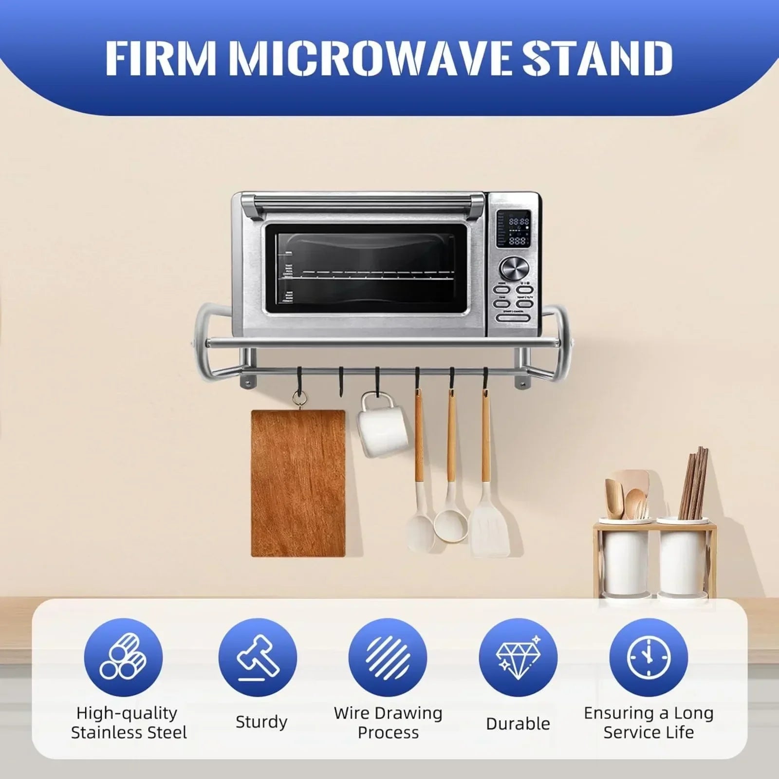 Stainless Steel Microwave Utensils Shelf Wall Mount with 6 Hooks, Heavy Duty Kitchen Organizer Rack for Bathroom Pantry Storage
