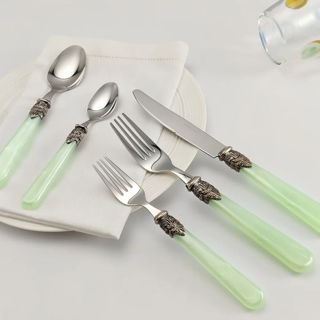 4pcs Green Stainless Steel Dinnerware Set Steak Knife Fork Spoon Dishwasher Safe Flatware