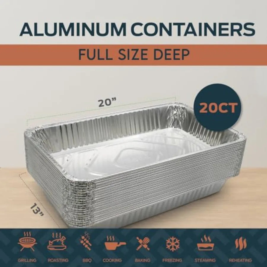 Disposable Aluminum Baking Pans Full Size Deep [Pack of 20] - 20"x13" Heavy-Duty Oven and Freezer Safe Food Aluminum Trays- Lar