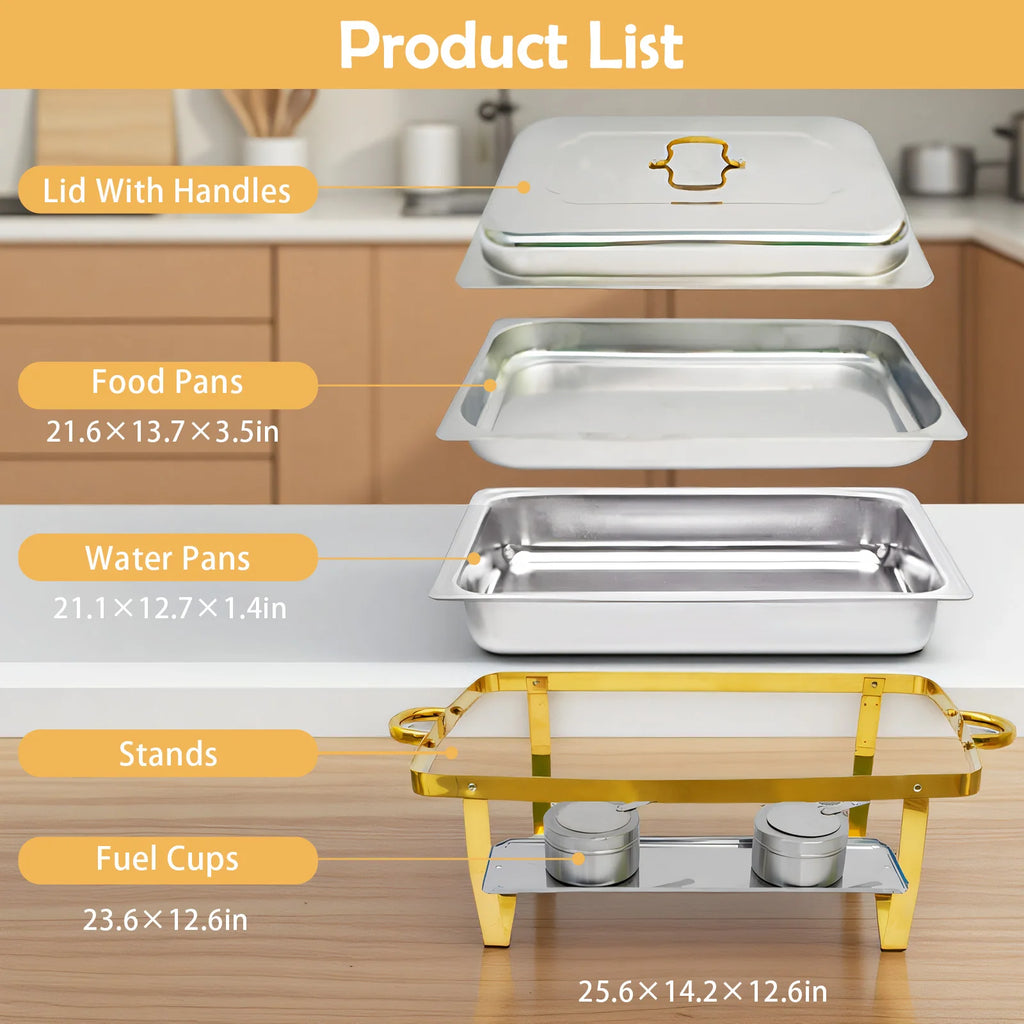 Chafing Dish Set Buffet Warmer Stainless Steel 316 Full Size Rectangular Semi-Gold-Plated Hotel Catering Parties Weddings