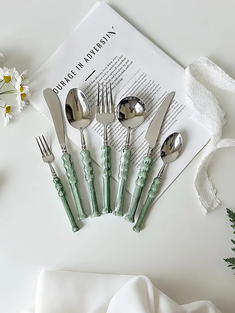 Acrylic een 304 Stainl Steel Cutlery Set Western Dinner Steak Knife Fork Coffee Spoon Dert Fork High End Dining Utensils