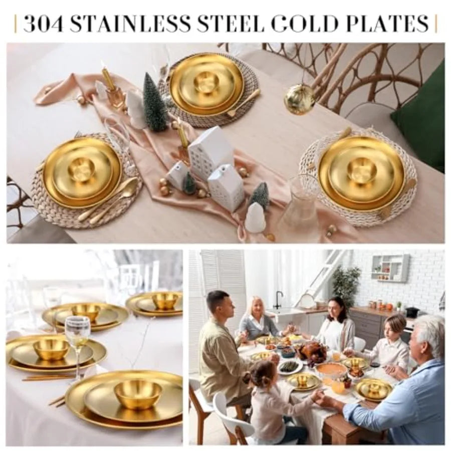 18 Pcs Gold Stainless Steel Dinnerware Set 10'' Metal Gold Dinner Plates 8'' Thickened Dinner Dishes 3.5'' Sauce Bowls Stackabl