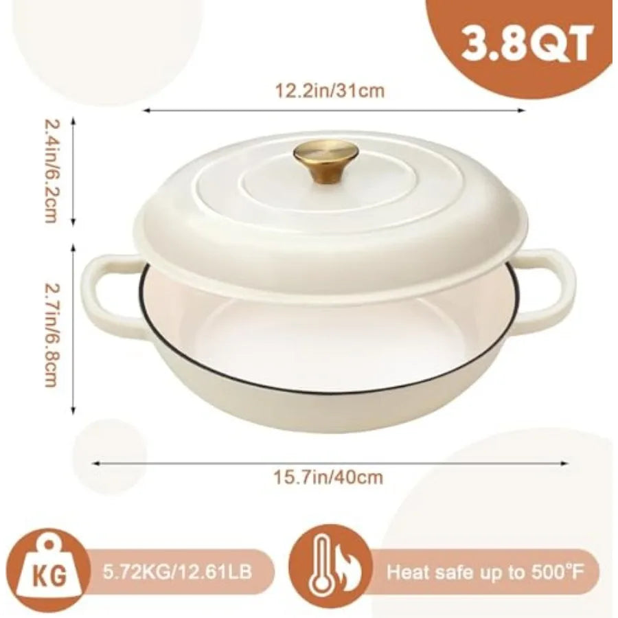 Enameled Cast Iron Dutch Oven - 3.8 Quart Dutch Oven Pot with Lid - Shallow Cookware Braising Pan - Cast iron Casserole with Co