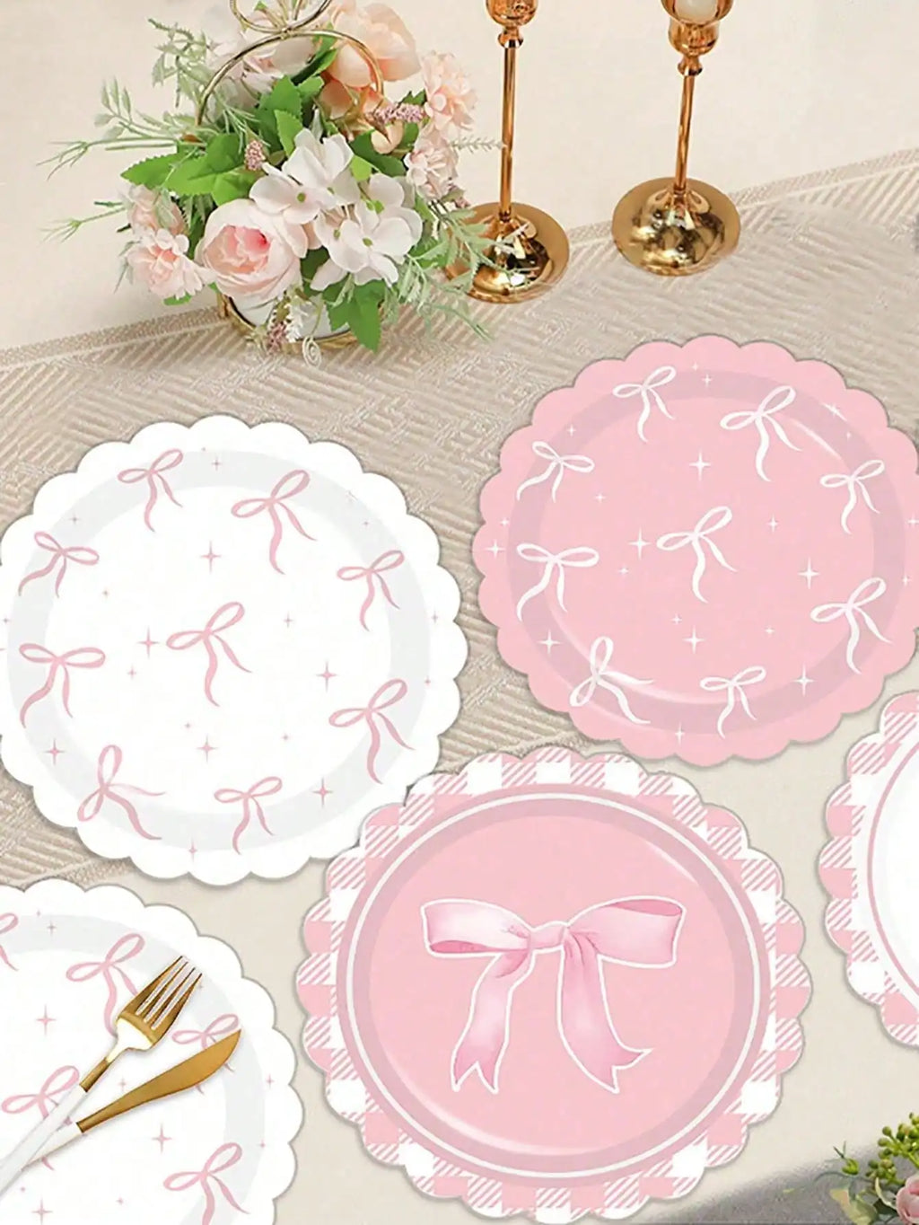 Adorable Pink Bowknot Disposable Paper Plates, Decorative Plates for Birthday, Wedding & Party