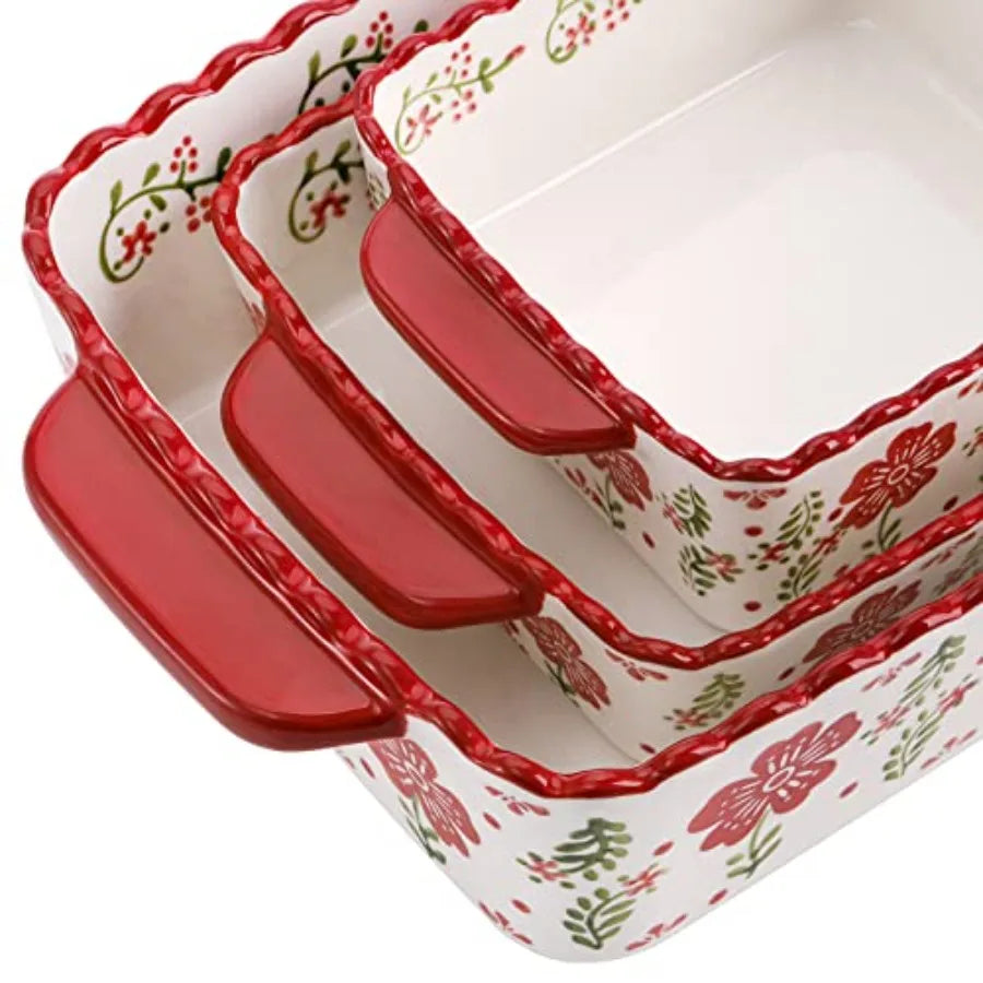 3 Pack Ceramic Baking Dishes Rectangular Bakeware Set Hand-painted Lasagna Pan Porcelain Serving Bakeware for Pasta Chicken Kit