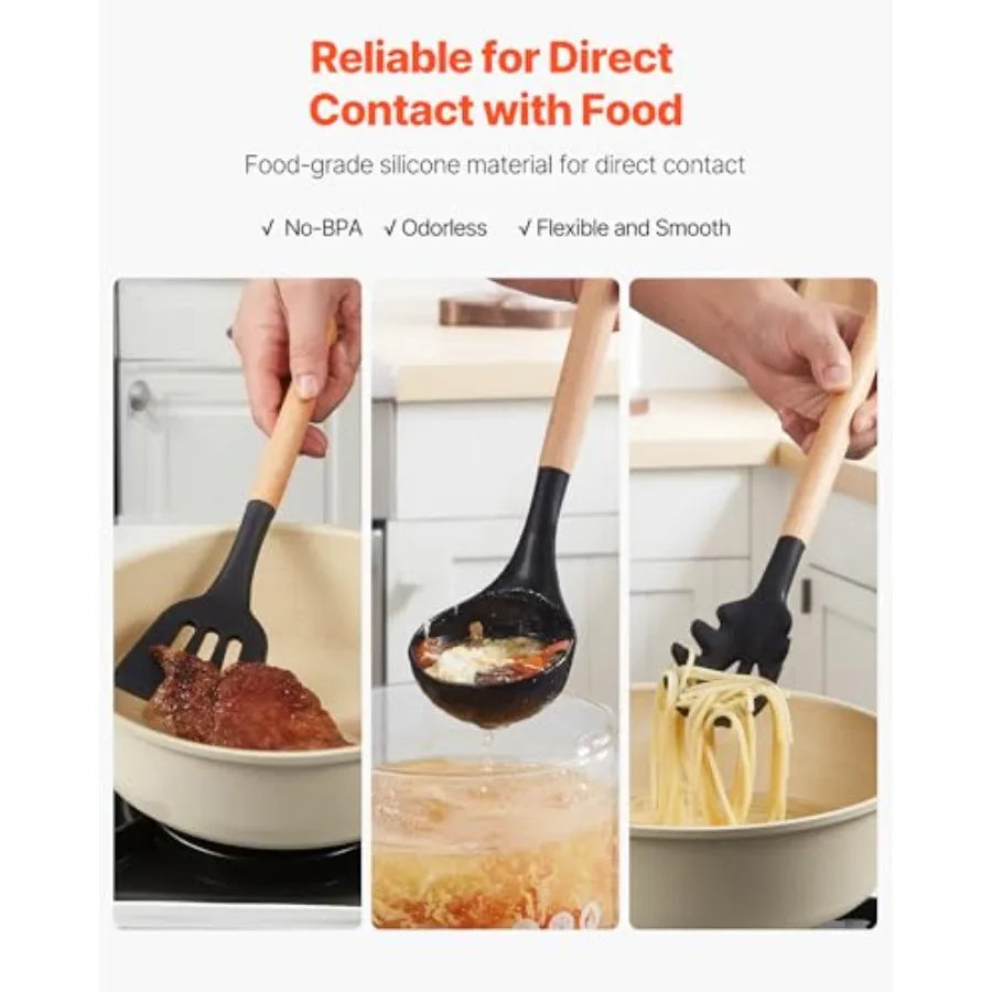 Kitchen Cooking Utensils Set 50 PCS Silicone Spatula Set with Holder 428°F Heat Resistant Gadget Spoons Tools Wooden Handle Hom
