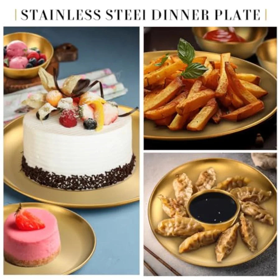 18 Pcs Gold Stainless Steel Dinnerware Set 10'' Metal Gold Dinner Plates 8'' Thickened Dinner Dishes 3.5'' Sauce Bowls Stackabl