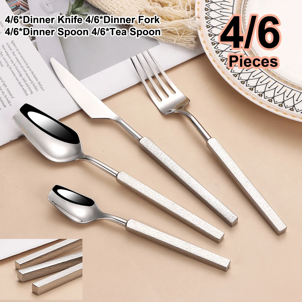 4/6/12/16/24Pcs Sliver Tableware Stainless Steel 304 Cutlery Set Western Cube Handle Dinner Set Mirror Gold Knife Fork Spoon