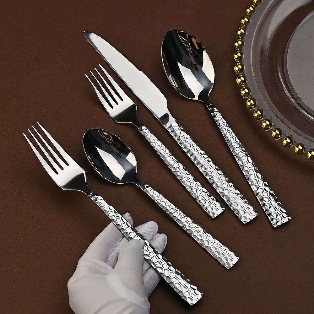 Luxury 5pcs Stainless Steel Cutlery Set Hammered Steak Knife Fork Spoon Western Dining Tableware for Restaurant Kitchen Bar