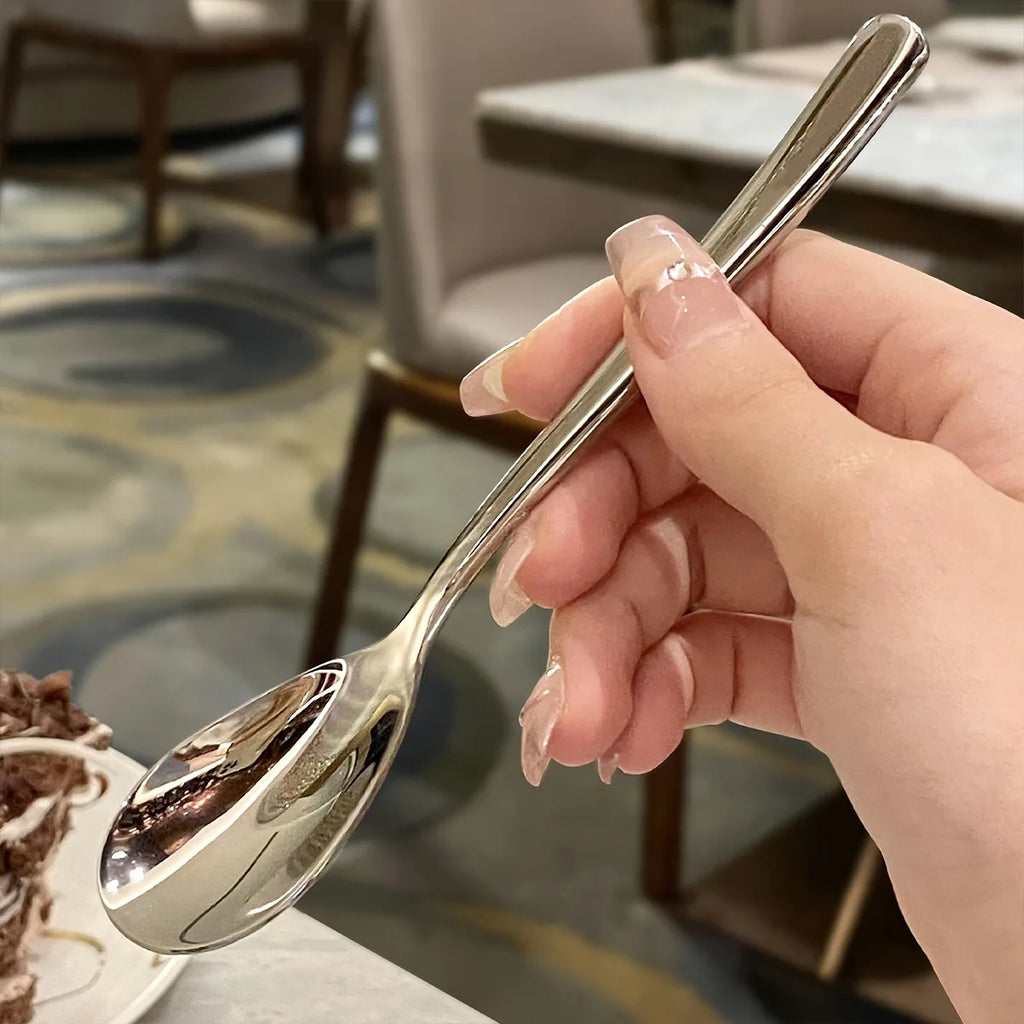 2Pcs 304 Stainless Steel Thickened Dessert Spoon Fork – Light Luxury French Long Handle Hotel Coffee Fruit Spoon Set