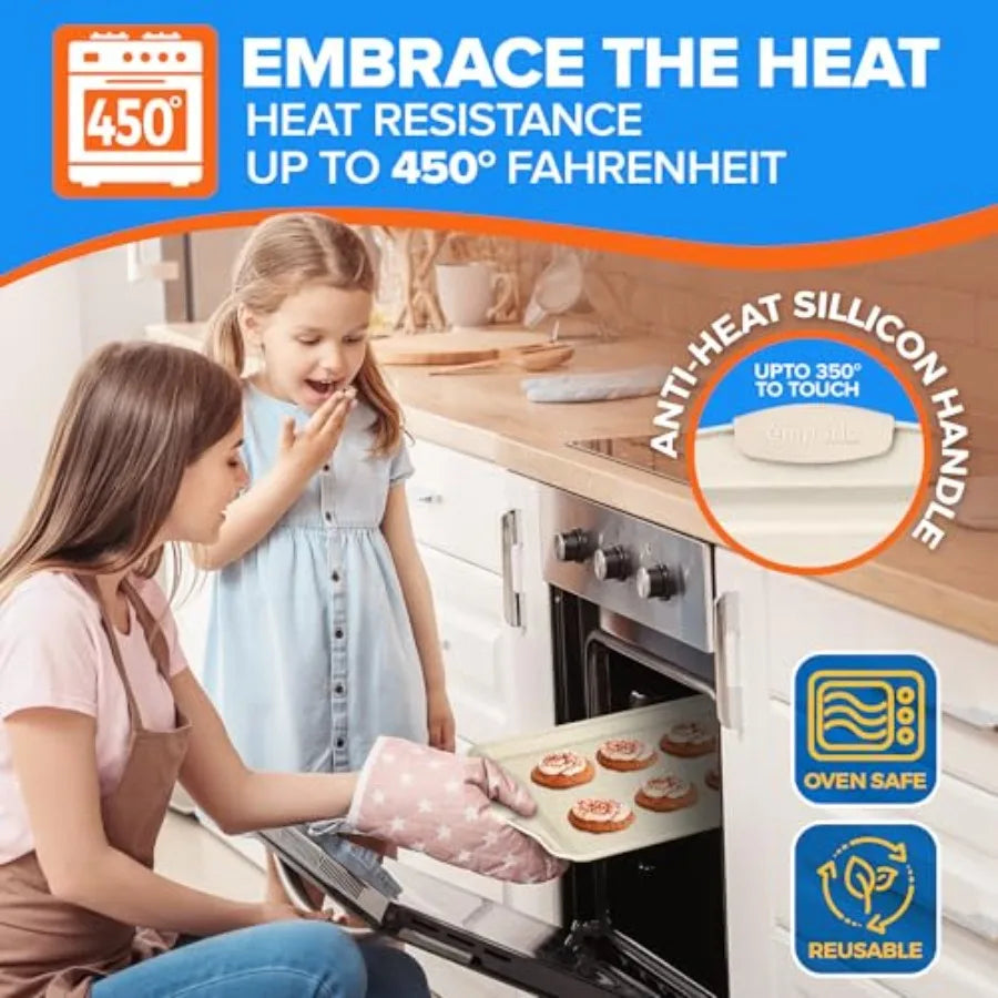 Baking Pan Set - Nonstick Coating, Carbon Steel Bakeware Set with Silicone Handle, PFOA, PFOS, PTFE Free, Recipe Booklet Includ