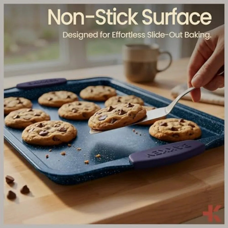 BAKKEN Kitchen Baking Pan Set - Nonstick Coating, Carbon Steel Bakeware Sets with Blue Silicone Handles, Baking Kitchen Essenti