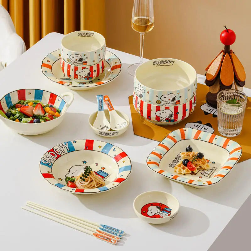 Kawaii Cartoon Anime Snoopy Ceramic Tableware Set Fruit Plate Rice Bowl Seasoning Dish Table Spoon and Chopsticks Birthday gift