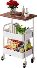 Three-Tier Metal Rolling Multi-Purpose Storage Cart with Walnut Wood Tabletop, Stable and Durable, with Two Lockable Wheels, Suitable for Kitchen, Bathroom, Snacks, Coffee, Crafts, Cosmetics and Baby Products