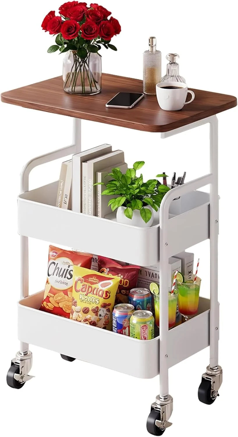 Three-Tier Metal Rolling Multi-Purpose Storage Cart with Walnut Wood Tabletop, Stable and Durable, with Two Lockable Wheels, Suitable for Kitchen, Bathroom, Snacks, Coffee, Crafts, Cosmetics and Baby Products