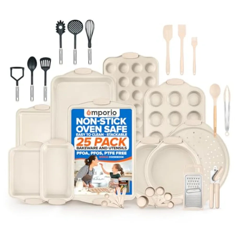 Baking Pan Set - Nonstick Coating, Carbon Steel Bakeware Set with Silicone Handle, PFOA, PFOS, PTFE Free, Recipe Booklet Includ
