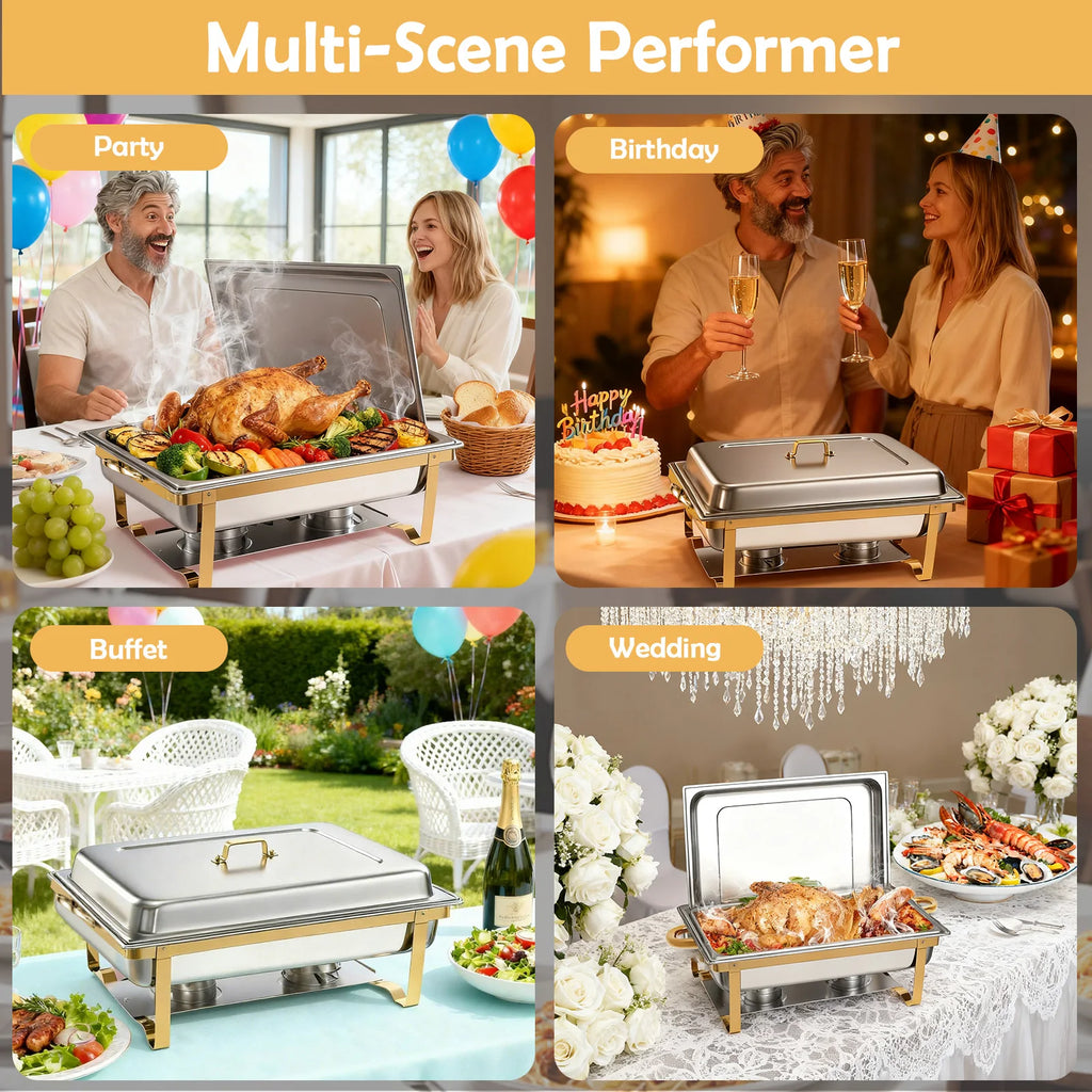 Chafing Dish Set Buffet Warmer Stainless Steel 316 Full Size Rectangular Semi-Gold-Plated Hotel Catering Parties Weddings