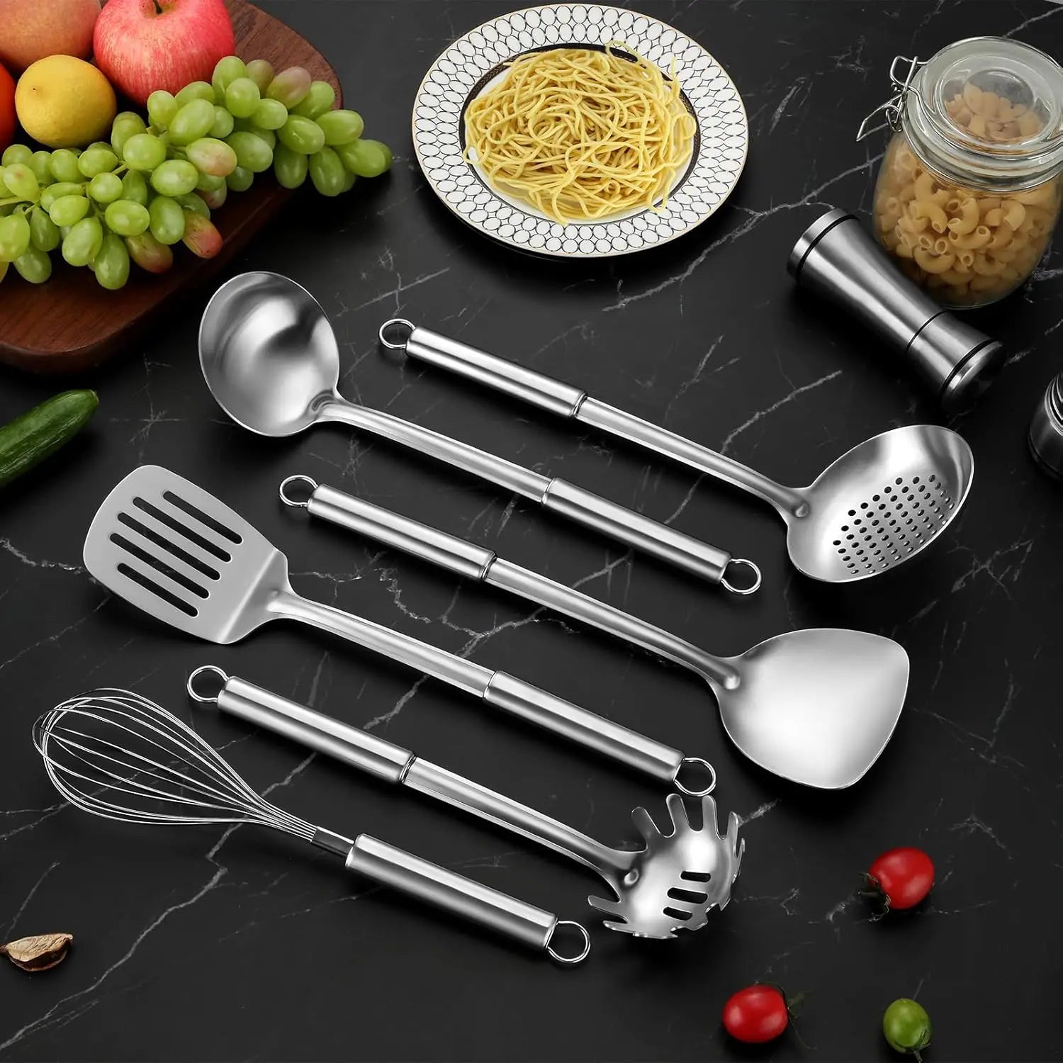 6pcs Kitchen Cooking Utensils Set, Stainless Steel, with Suspendable Handle, Spatula, Slotted Turner, Soup Ladle, Slotted Spoon
