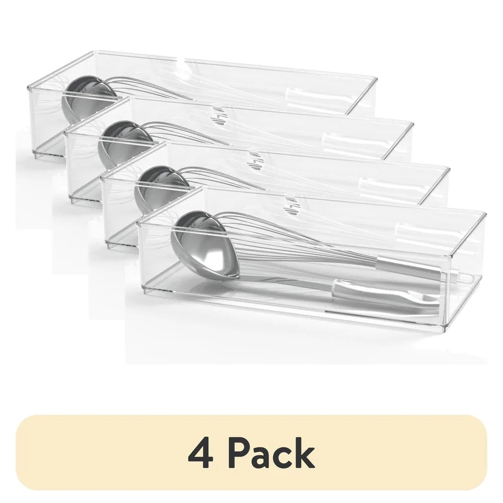 4 Pack Wide XL Drawer Organizer Clear Cabinet Insert Storage Solutions Kitchen Bathroom Pantry Decluttering Easy Visibility