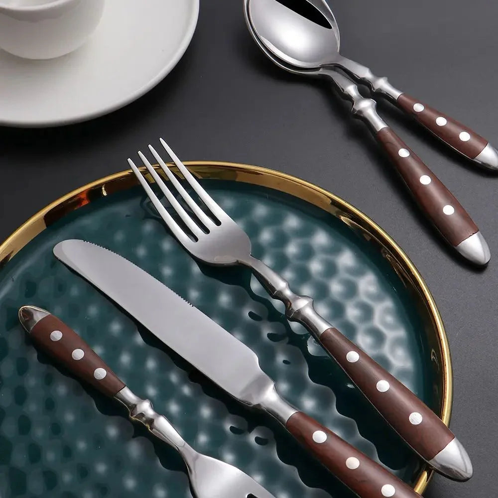 430 Stainless Steel Riveted Dinner Knife Fork And Spoon In Wood-grain Style 6 Pieces, Main Dining Knife And Fork Hotel Tableware