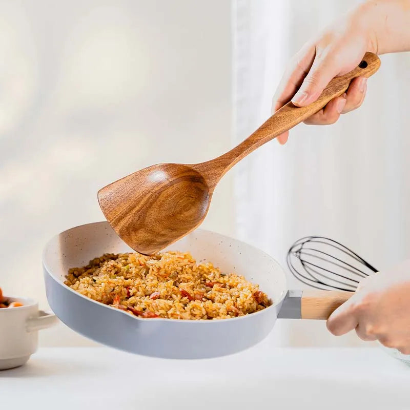 Bohemian Style 5 Pcs Wooden Kitchen Tool Set - Osier Pattern Spoon & Ladle Non-Stick Cookware Safe