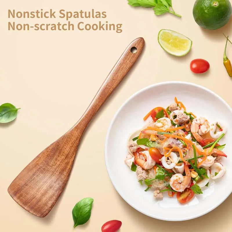 Bohemian Style 5 Pcs Wooden Kitchen Tool Set - Osier Pattern Spoon & Ladle Non-Stick Cookware Safe