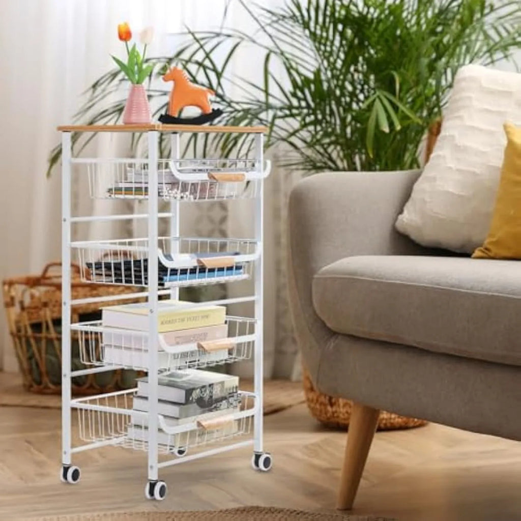 5-Tier Metal Rolling Cart with Wheels - Multi-Purpose Storage for Kitchen/Bathroom/Living Room/Office, White