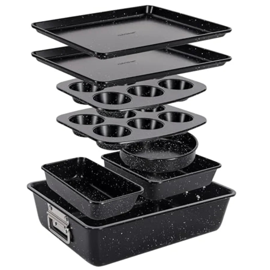 8-Piece Stackable Bakeware Set - Carbon Steel Non-Stick Baking Pan Set, Sheet, Muffin, Round, Loaf, Square Cake and Deep Pans,