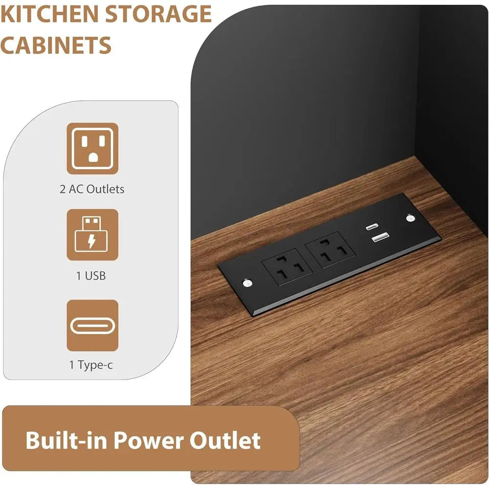 70.8 Tall Kitchen Pantry Cabinet with Charging Station and Thickened Countertop in Black for Dining Area