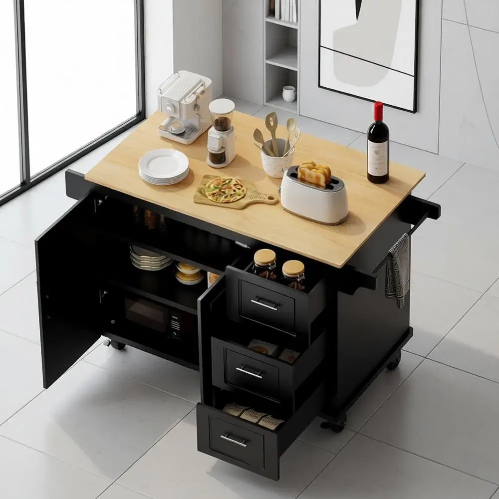 54 Mobile Kitchen Island Cart with Drop Leaf, 3 Drawers, 1 Cabinet, and Spice Rack in Black