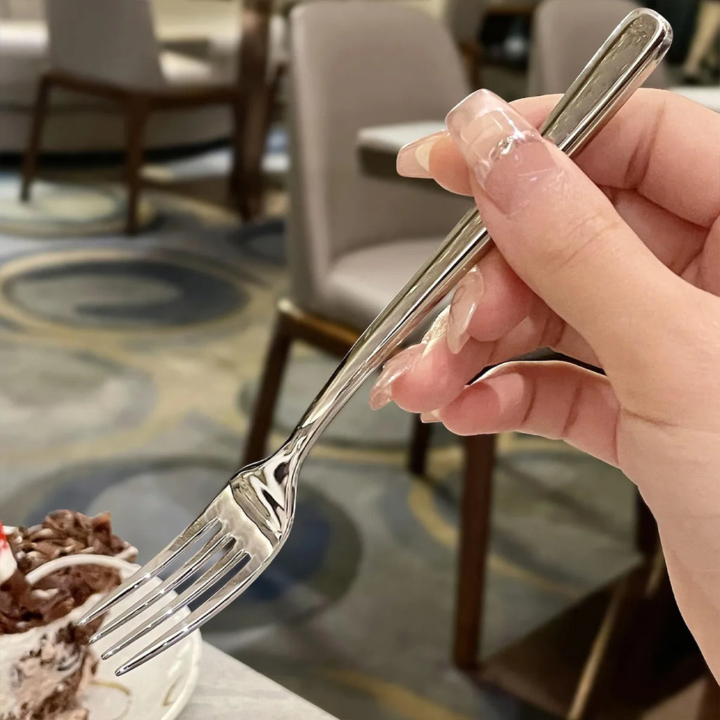 2Pcs 304 Stainless Steel Thickened Dessert Spoon Fork – Light Luxury French Long Handle Hotel Coffee Fruit Spoon Set