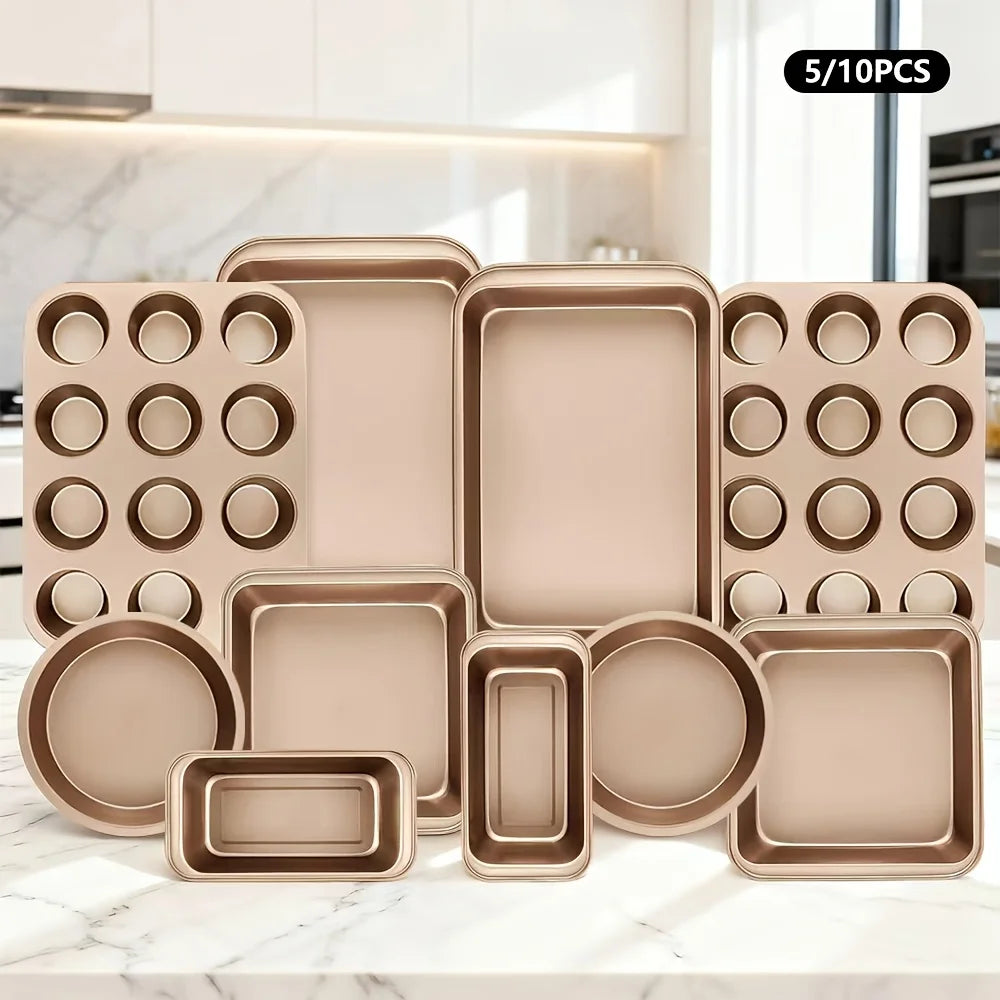 usNonstick Bakeware Set, Stackable Space-Saving Design Includes Round & Square Pans, Waffle Tray, Cookie Sheet, Baking Pan, Dishwasher Safe, 2pcs Round Pans Or 5/10pcs Setd